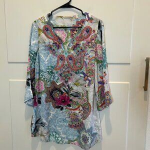 Soft Surroundings Beaded Paisley Tunic Top Blue Multi Color Long Sleeve Women M